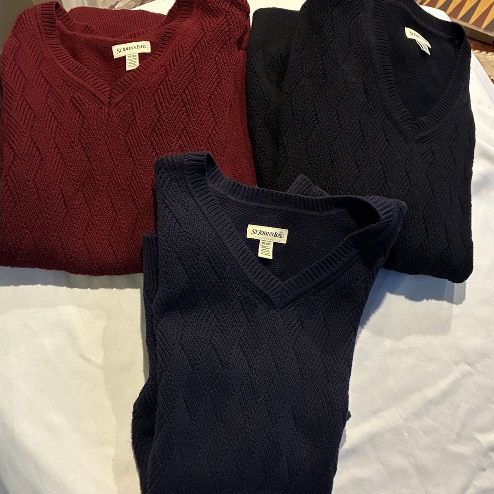 St John’s Bay SET 3 V-Neck Sweater Vests Men XXL Black Navy Burgundy COTTON 100%